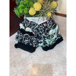 Handmade Hand Knit Black Multi 80’s Print Yarn Knit Hand Warmers Fingerless Glov